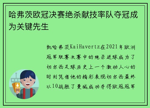 哈弗茨欧冠决赛绝杀献技率队夺冠成为关键先生