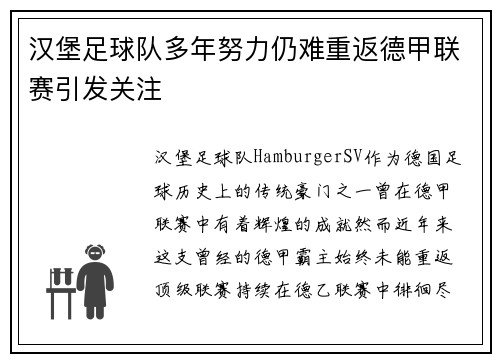 汉堡足球队多年努力仍难重返德甲联赛引发关注