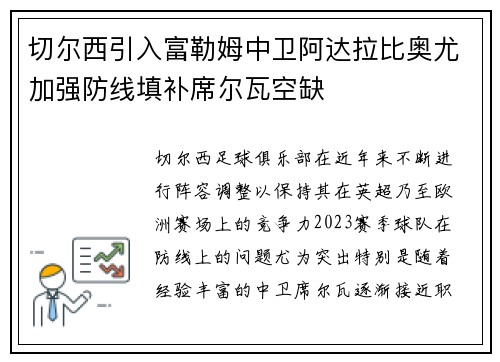 切尔西引入富勒姆中卫阿达拉比奥尤加强防线填补席尔瓦空缺